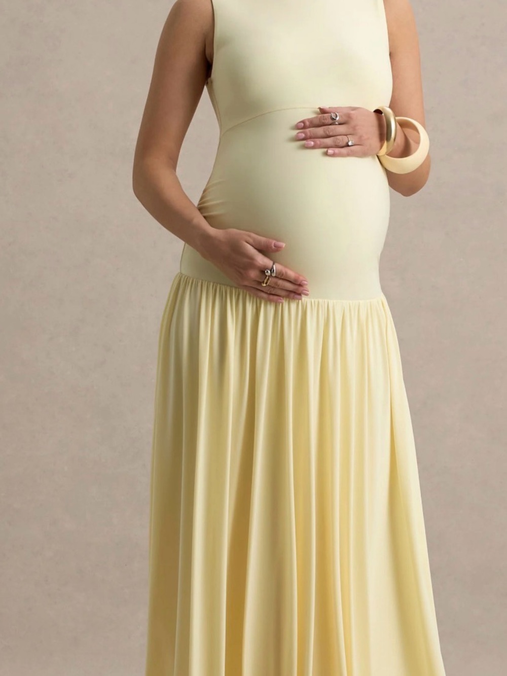 Club L London Outline Lemon Crew-Neck Maternity Maxi Dress With Pleated Skirt